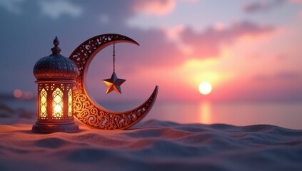 Ramadan Lantern and Crescent Moon at Sunset