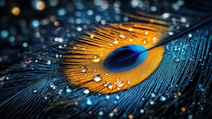 Close-up of a vibrant peacock feather with water droplets showcasing a stunning blend of emerald green, royal blue, and golden yellow colors highlighting its intricate textures.