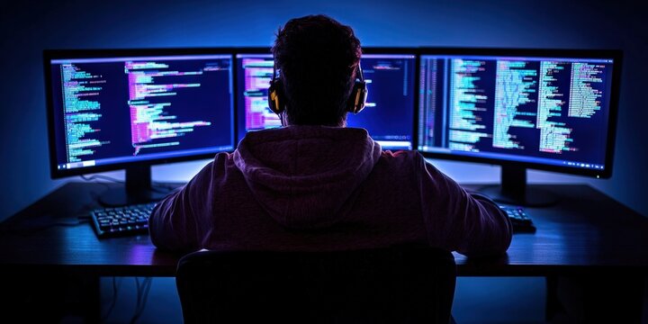 A person sits at a desk facing multiple monitors displaying colorful code, immersed in programming or software development in a darkened environment.