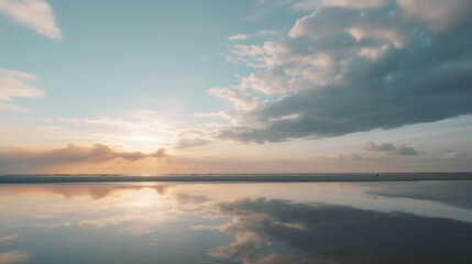 Fototapeta premium Sunset scene in lake of Orient in Aube, France beautiful view of sea and sky in the morning, natural background