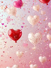 Beautiful abstract wallpaper, background with hearts, balloons, confetti, good for Valentine's Day, Mother's day, celebration, party