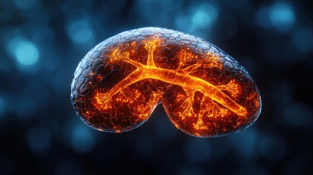 Glowing abstract representation of a kidney with intricate vascular structures against a blurred background