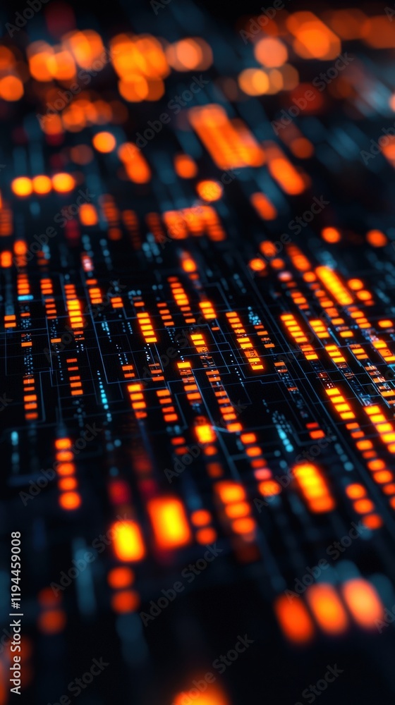 Poster a close-up image of glowing orange and blue digital lines, resembling data streams or circuit patter
