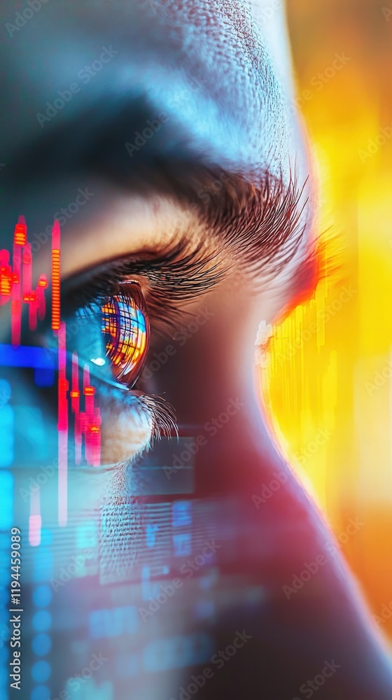Poster a close-up of an eye with digital graphs and data overlays, symbolizing technology, analysis, and in