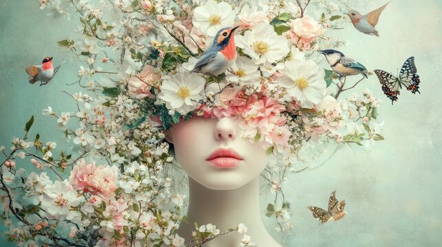 Dreamlike portrait of a young woman with floral headpiece and birds in a whimsical setting