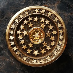 Fototapeta premium Award victory trophy cup with golden stars, top view. Success and victory concept.