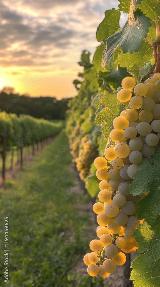Poster Grape clusters glimmer under the warm glow of the setting sun, casting a magical atmosphere over the verdant vineyard rows, rich with life and color