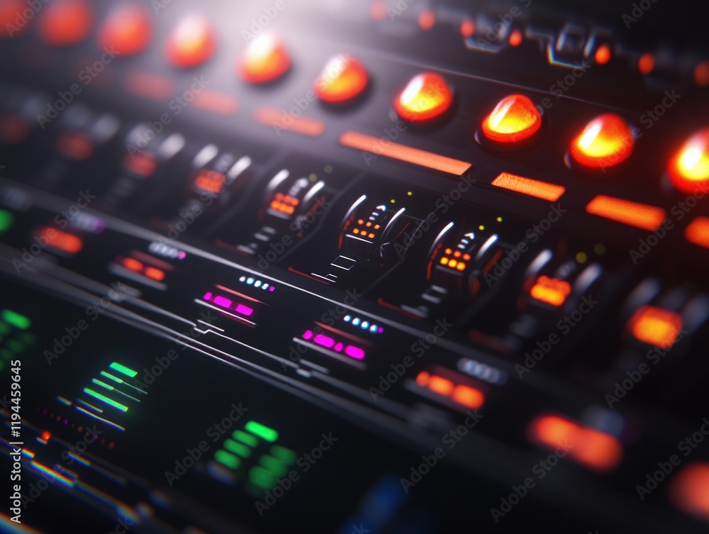 Poster a close-up of a modern audio mixer featuring colorful knobs and backlit controls, illustrating advan