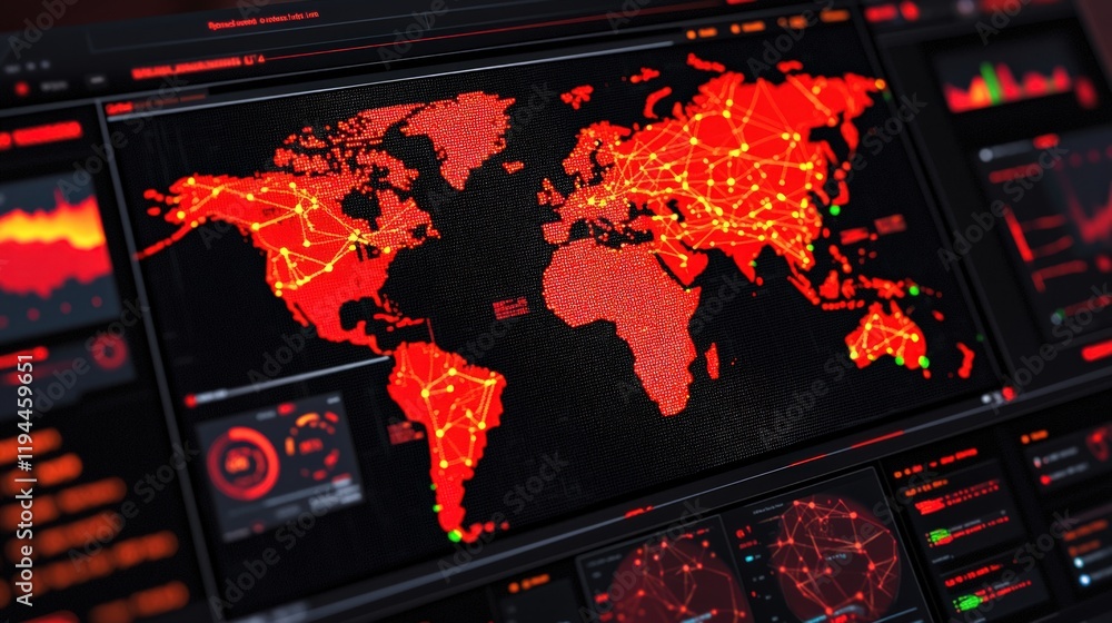 Poster a dark-themed digital map of the world, highlighted in red, features intricate network connections a