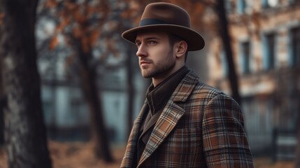 The warm tones of a brown hat and the intricate pattern of a plaid overcoat make the man’s vintage look both distinctive and refined.