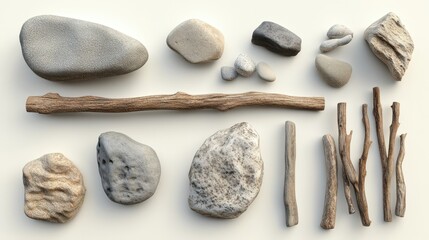 Collection of natural rocks and wooden sticks in various sizes and textures