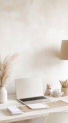 Minimalist White Desk Workspace With Laptop And Pampas Grass