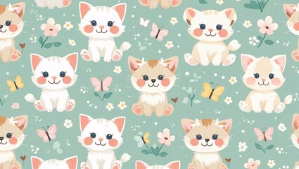 Charming background featuring adorable baby cats with cheerful expressions and playful butterflies in pastel colors