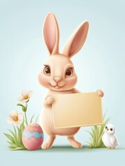 Obraz premium Easter bunny. Modern egg, bunnies for kids standing with placard. Rabbit or hare, spring festive animal with flower and chick. Cartoon holiday decent vector character