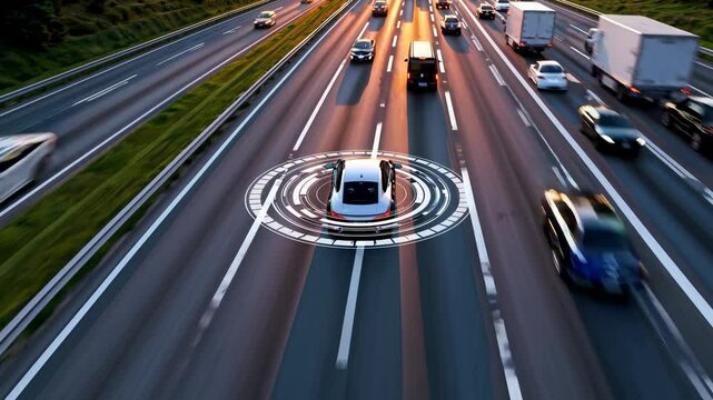 Advanced technology driving on busy highway with automated features in action during sunset hours