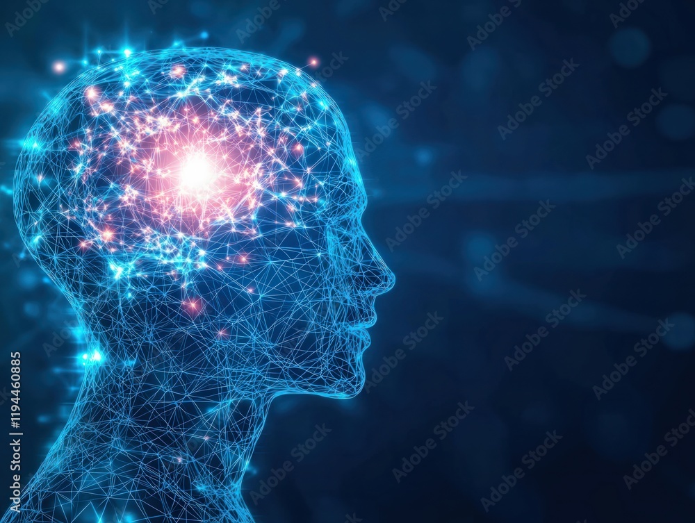 Poster a digital illustration of a human head composed of interconnected lines and glowing dots, symbolizin