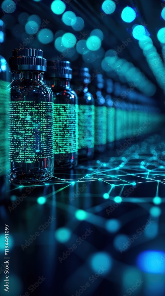 Poster a futuristic arrangement of glowing bottles, with digital patterns and a blue color palette, creatin