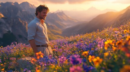 Fototapeta premium A man stands smiling in a vibrant mountain meadow at sunset, surrounded by colorful wildflowers and towering peaks.