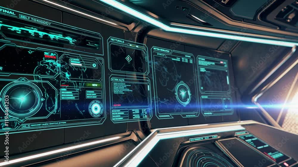 Poster exploring futuristic control panels in a high-tech spaceship environment with dynamic displays and a
