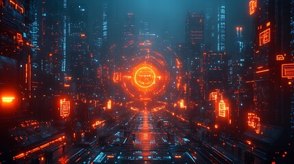 Fototapeta premium Futuristic city portal, neon lights, night, digital art, sci-fi background