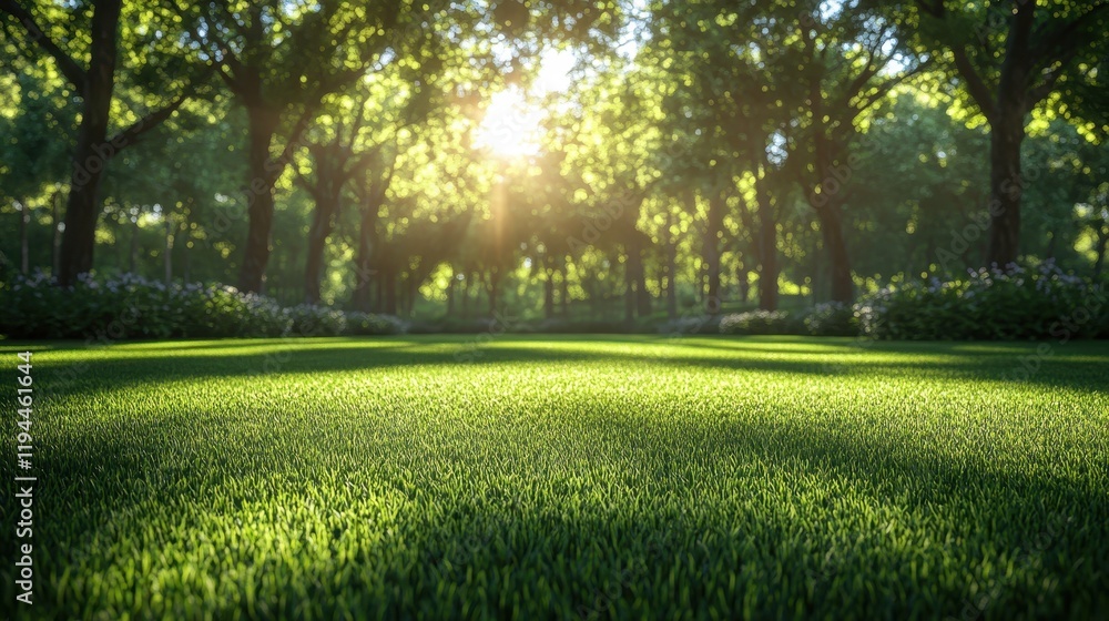 Poster sunlit forest path with lush green grass and trees at dawn