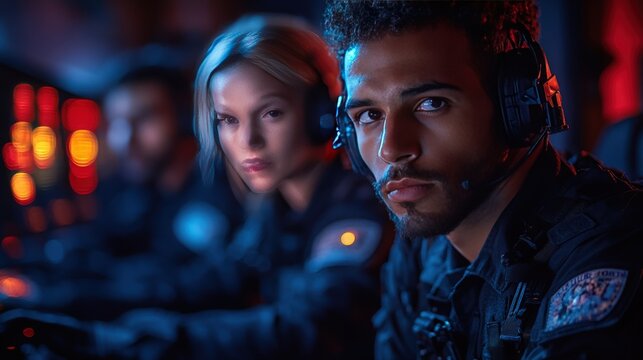 A Diverse Team of Focused Operators in Tactical Gear Engaged in High-Stakes Mission, Surrounded by Futuristic Technology and Dim Neon Lighting - Powered by Adobe
