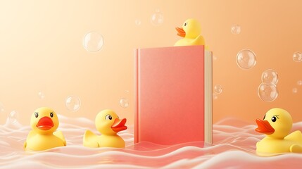 Mockup children book with rubber ducks bathing on water and bubbles, plain color no text hardcover 