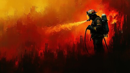 Fototapeta premium Brave firefighter battling raging flames in a vibrant orange and yellow inferno, showcasing courage and dedication in efforts to save lives and protect property from fire hazards.