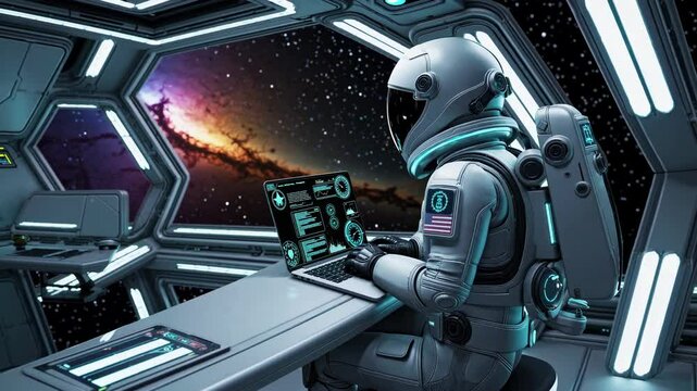 Astronaut working on a futuristic computer in a spacecraft while observing the vast galaxy outside