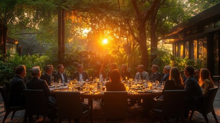 Elegant outdoor dining setting with sun setting over a group of professionals enjoying a business dinner in a lush garden environment