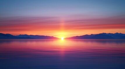 Serene sunset over calm waters with mountain silhouettes.
