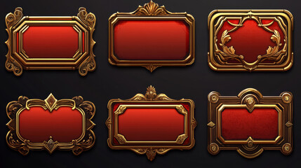 Art deco fantasy game interface button vector set. Ui animation elements for rpg with gold border. 1920s elegant title with border for mobile menu or popup design. Cancel or start pressed click sprite