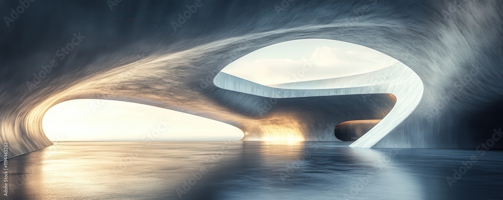 Aufkleber futuristic abstract architecture with fluid concrete curves in soft sunlight