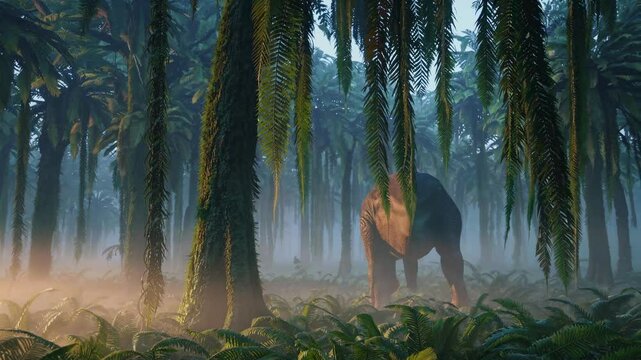 Large dinosaur roams through dense prehistoric forest during twilight hours showcasing nature's ancient giants