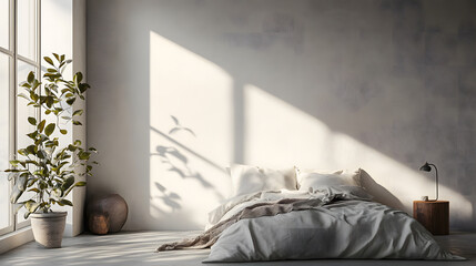 Comfortable bedroom with soft furnishings and sunlight streaming in.