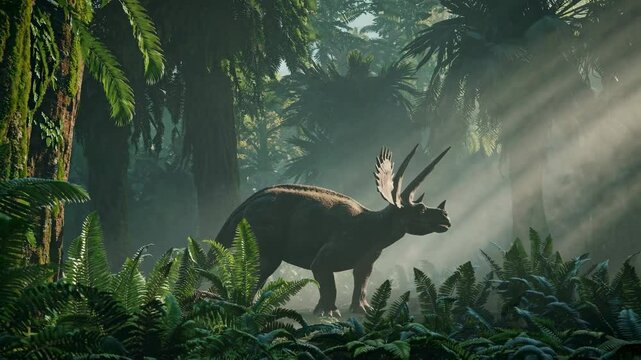 Triceratops roams through a lush prehistoric forest under dappled sunlight