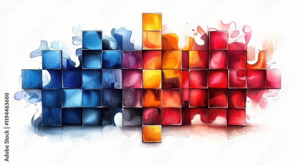 Poster abstract art design featuring colorful blocks in blue and red shades with dynamic swirls and fluid s