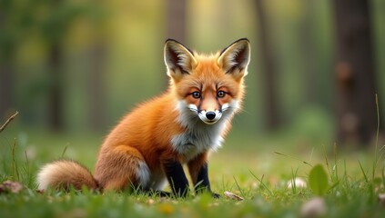Red Fox Kit Sitting in Forest Grass