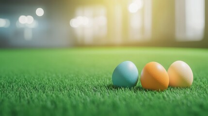 Fototapeta premium easter, holidays and tradition concept - colored eggs on artificial grass