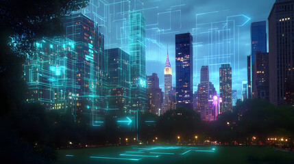 Naklejka premium Futuristic city view blended with glowing tech elements.
