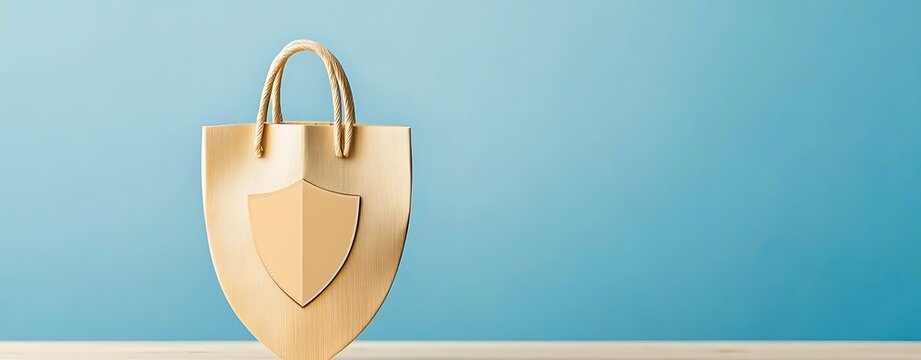 International consumer rights day concept, Concept of Consumer Rights with Shopping Bag and Shield on Blue Background