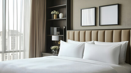 Obraz premium Spacious bedroom with soft lighting and elegant furnishings.