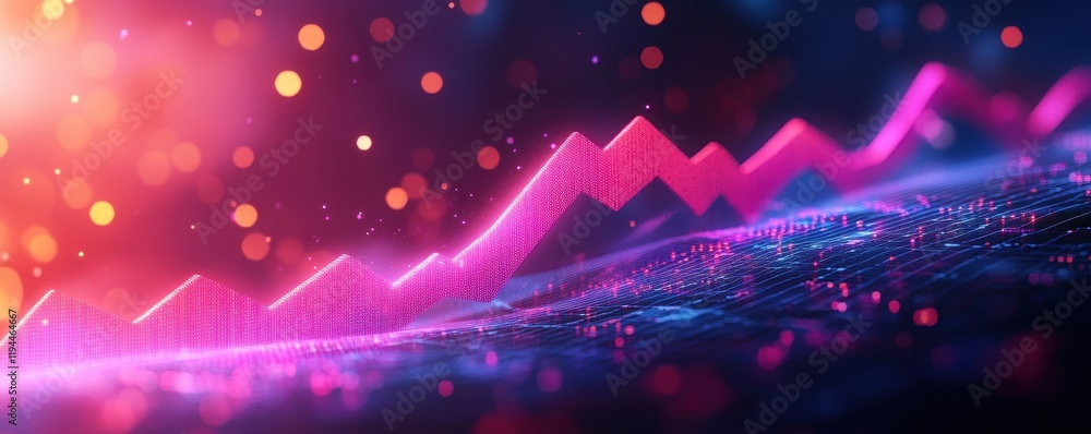 Poster vibrant abstract graph with rising pink arrows and digital grid background