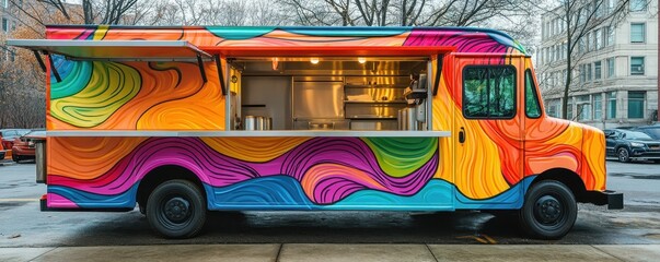 Obraz premium Vibrant food truck with colorful swirling patterns parked on urban street