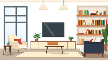 Fototapeta premium Top view of living room in house, apartment or hotel. Modern interior with tv, sofa, chair, book shelves, table and carpet. Vector realistic illustration of empty room with white furniture