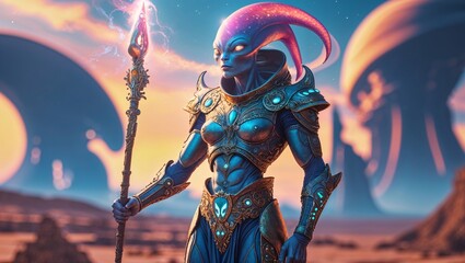Humanoid alien warrior stands powerfully in a futuristic desert landscape with a mystical staff during a vibrant sunset