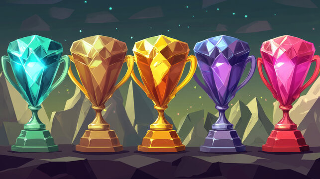 Set of winner trophy cups full of diamond crystals isolated on background. Vector cartoon illustration of game level award goblets made of wood, gold, silver, bronze metal. Game rank props design
