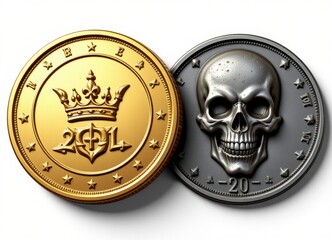 Fototapeta premium Gold Coin with Crown vs Silver Skull Coin Risk vs Reward Cryptocurrency Concept