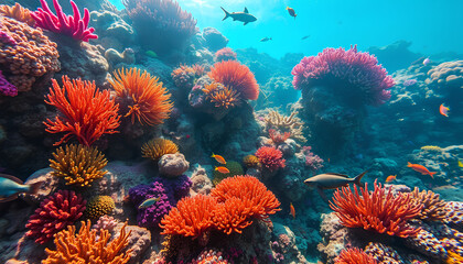 Obraz premium Vibrant underwater scenes feature colorful coral reefs filled with coral structures
