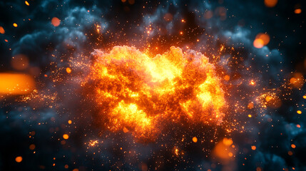 Obraz premium Fiery explosion erupts in dark clouds, illuminating the sky with vibrant colors
